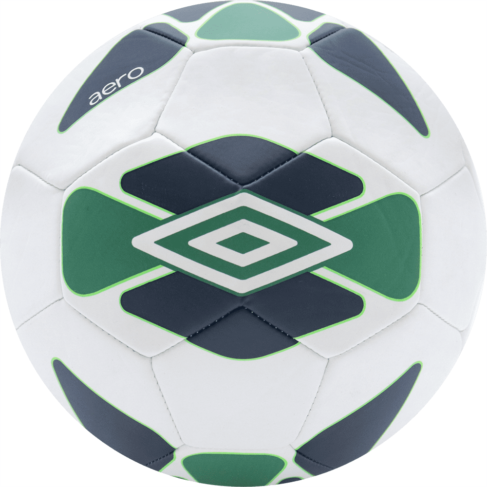Balón de fútbol marca Umbro, 32 paneles, blanco, con formas planas en el balón, tamaño 5. Modelo Aero.
