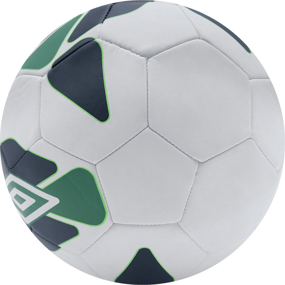 Balón de fútbol marca Umbro, 32 paneles, blanco, con formas planas en el balón, tamaño 5. Modelo Aero.
