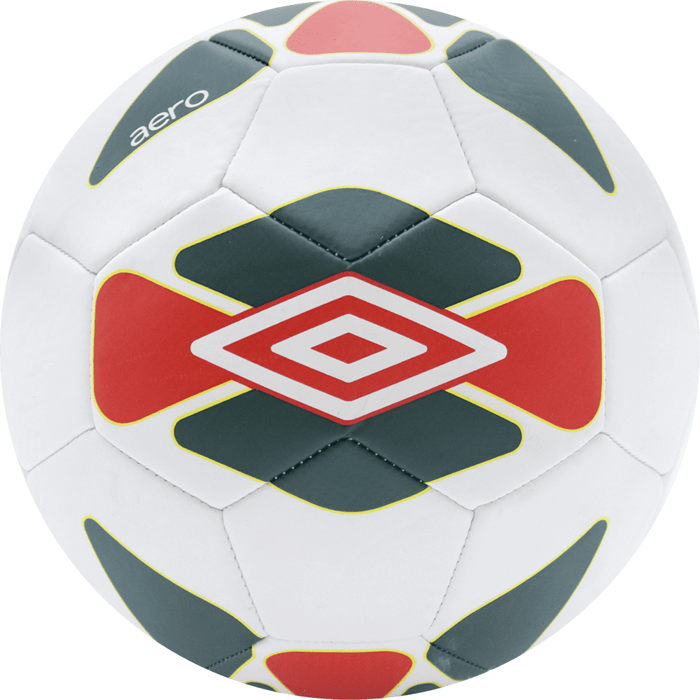 Balón de fútbol marca Umbro, 32 paneles, blanco, con formas planas en el balón, tamaño 5. Modelo Aero.