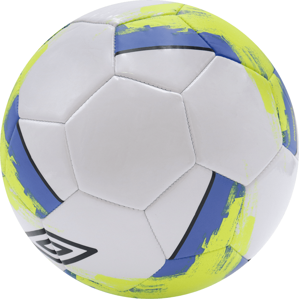 Balón de fútbol marca Umbro, 32 paneles, blanco, con un triangulo entre paneles, tamaño 5. Modelo Pinwheel.