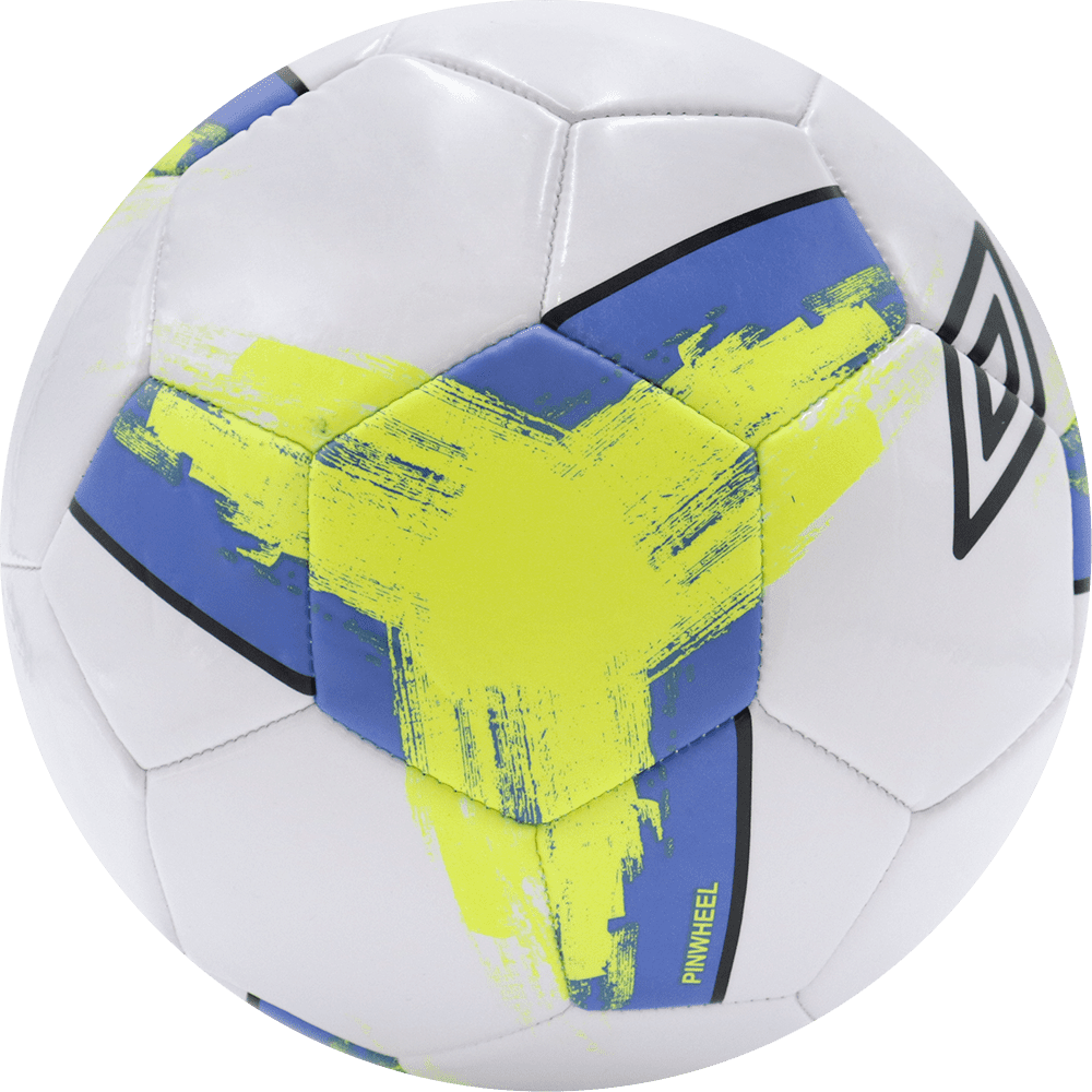 Balón de fútbol marca Umbro, 32 paneles, blanco, con un triangulo entre paneles, tamaño 5. Modelo Pinwheel.