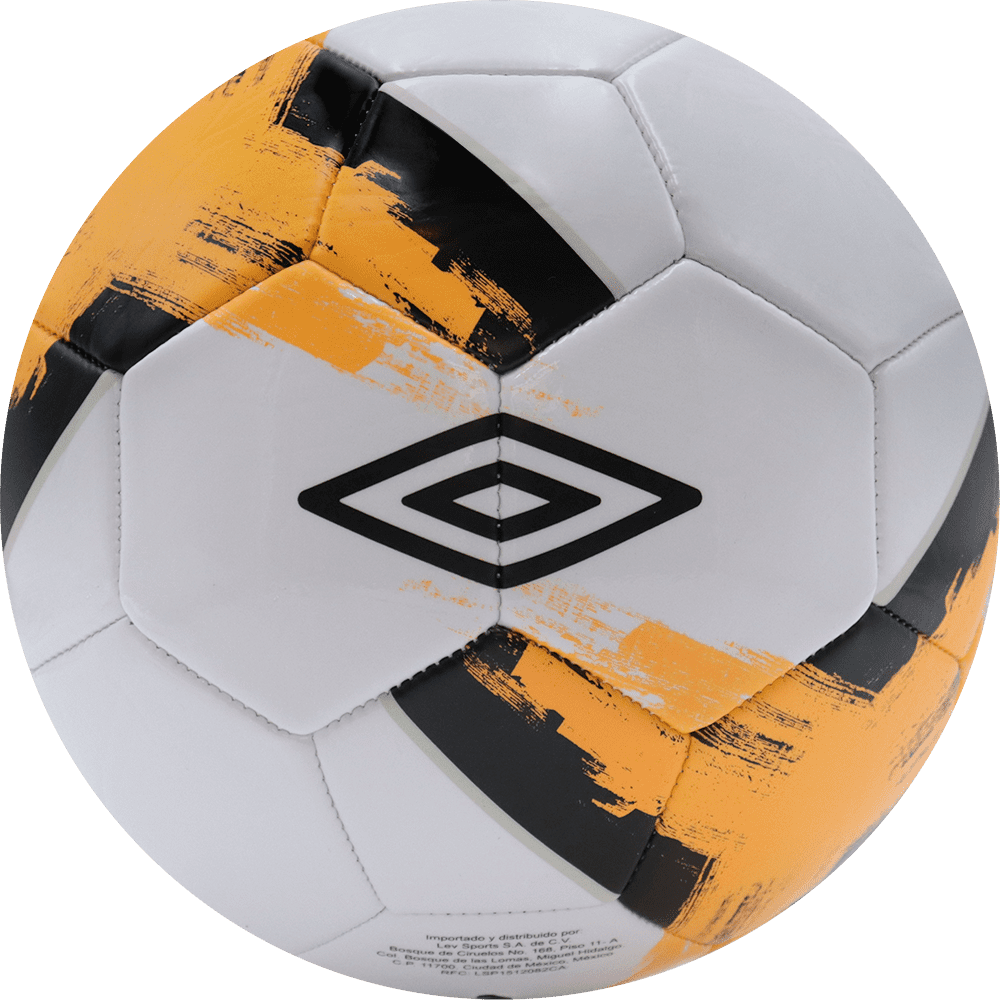 Balón de fútbol marca Umbro, 32 paneles, blanco, con un triangulo entre paneles, tamaño 5. Modelo Pinwheel.