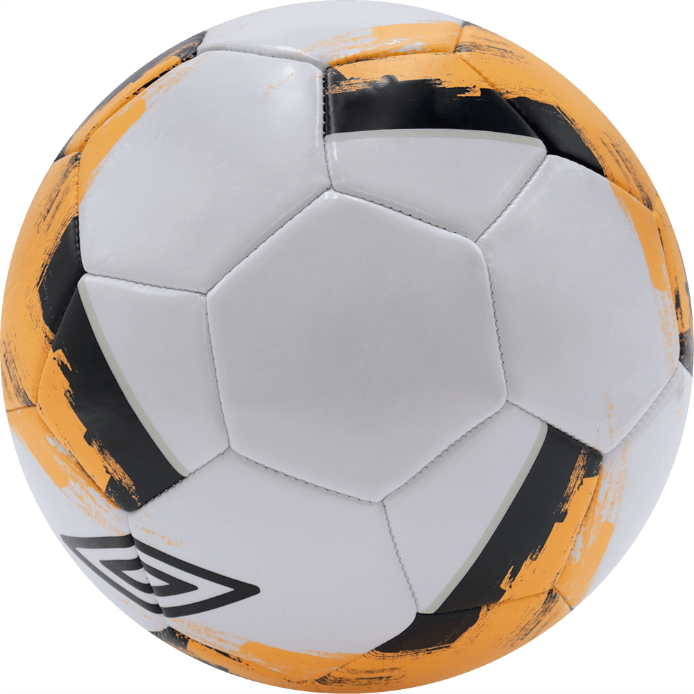 Balón de fútbol marca Umbro, 32 paneles, blanco, con un triangulo entre paneles, tamaño 5. Modelo Pinwheel.