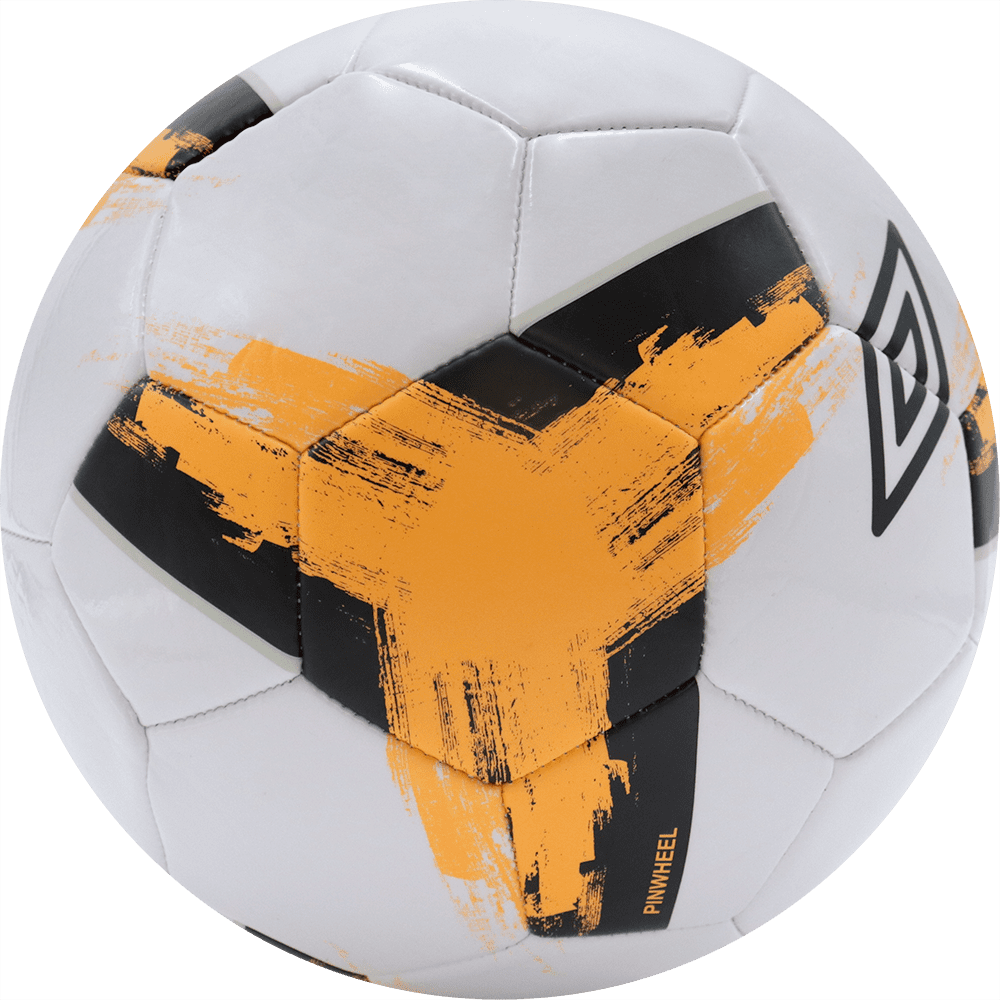 Balón de fútbol marca Umbro, 32 paneles, blanco, con un triangulo entre paneles, tamaño 5. Modelo Pinwheel.