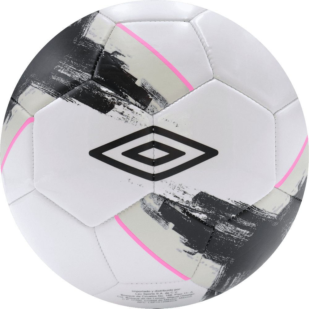 Balón de fútbol marca Umbro, 32 paneles, blanco, con un triangulo entre paneles, tamaño 5. Modelo Pinwheel.
