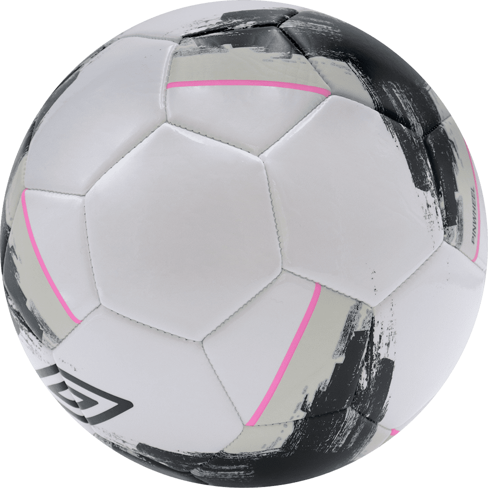 Balón de fútbol marca Umbro, 32 paneles, blanco, con un triangulo entre paneles, tamaño 5. Modelo Pinwheel.