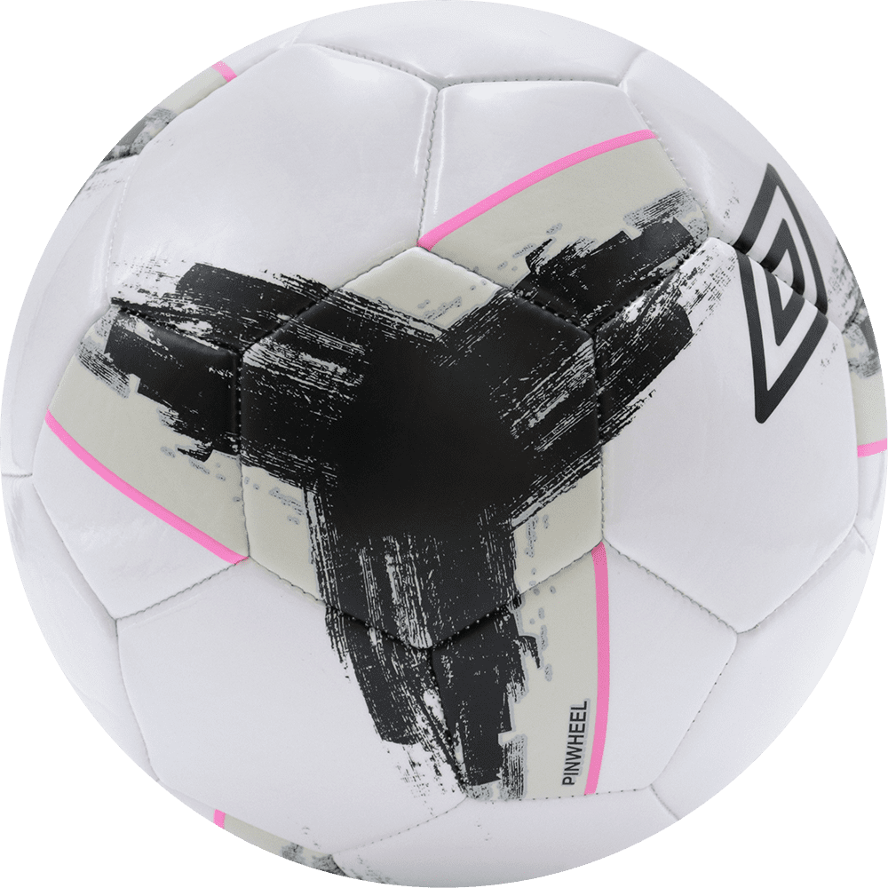 Balón de fútbol marca Umbro, 32 paneles, blanco, con un triangulo entre paneles, tamaño 5. Modelo Pinwheel.