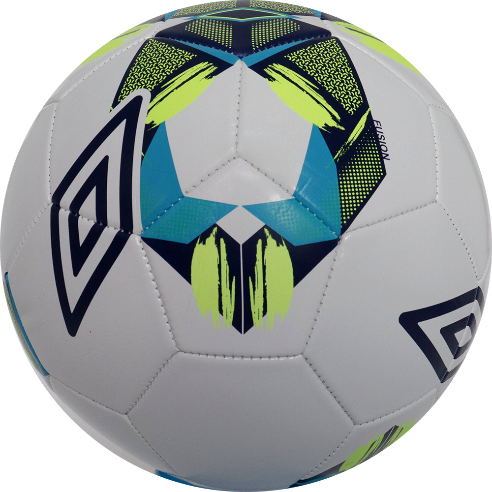 Balón de fútbol marca Umbro, 28 Paneles, blanco, con detalles azules, tamaño 5. Modelo Fusion.