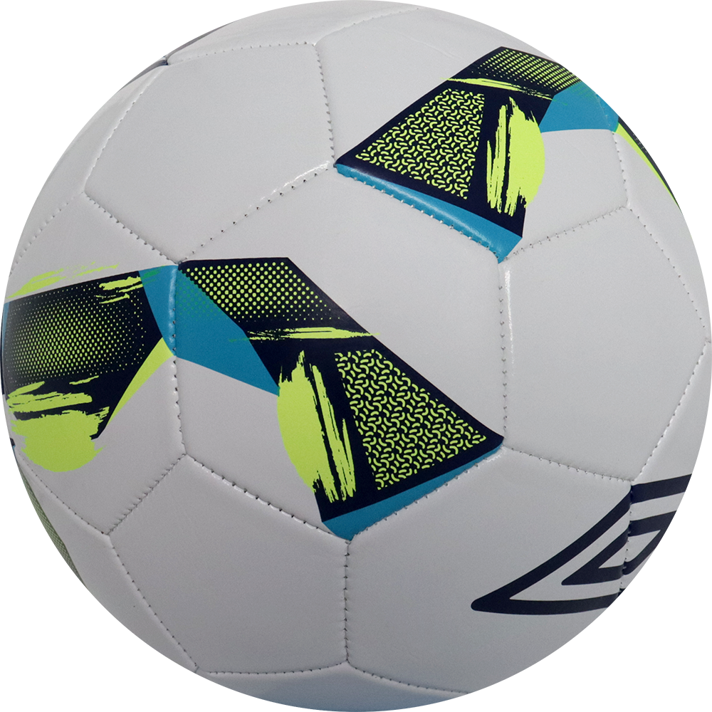 Balón de fútbol marca Umbro, 28 Paneles, blanco, con detalles azules, tamaño 5. Modelo Fusion.