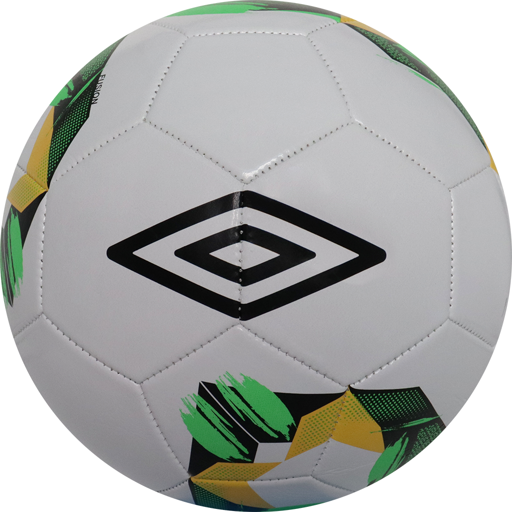 Balón de fútbol marca Umbro, 28 Paneles, blanco, con detalles negros y verdes, tamaño 5. Modelo Fusion.