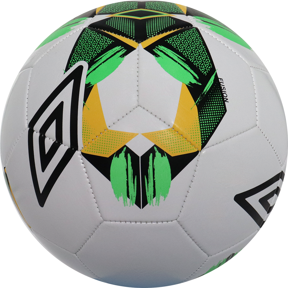 Balón de fútbol marca Umbro, 28 Paneles, blanco, con detalles negros y verdes, tamaño 5. Modelo Fusion.