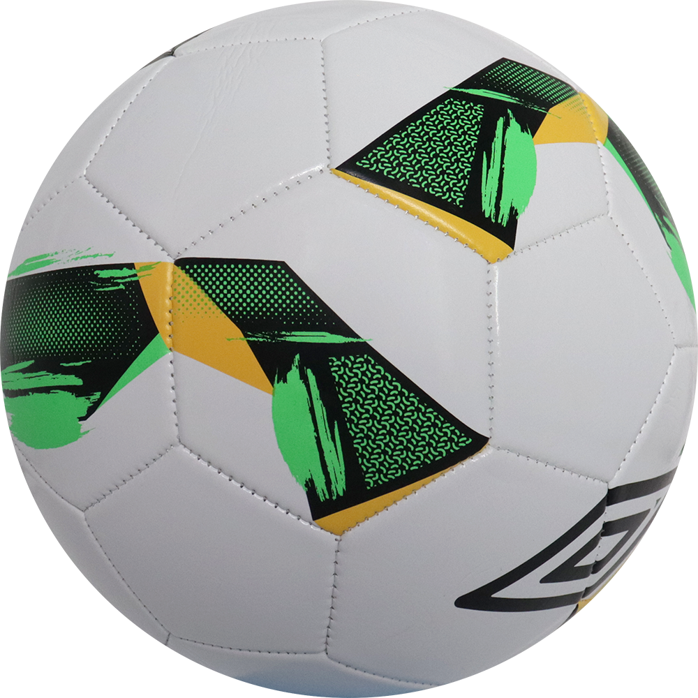 Balón de fútbol marca Umbro, 28 Paneles, blanco, con detalles negros y verdes, tamaño 5. Modelo Fusion.