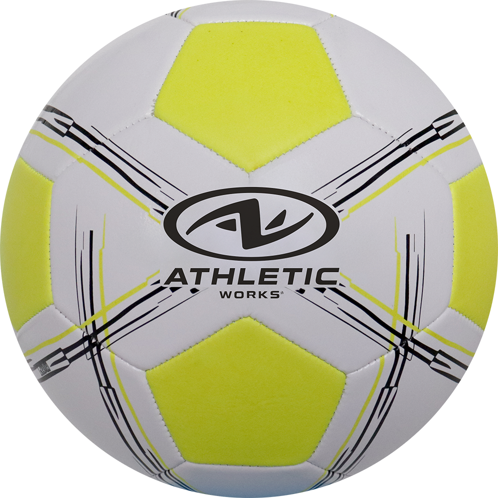 Balón de fútbol marca Athletic Works, 28 Paneles, blanco, con detalles amarillos, tamaño 5.