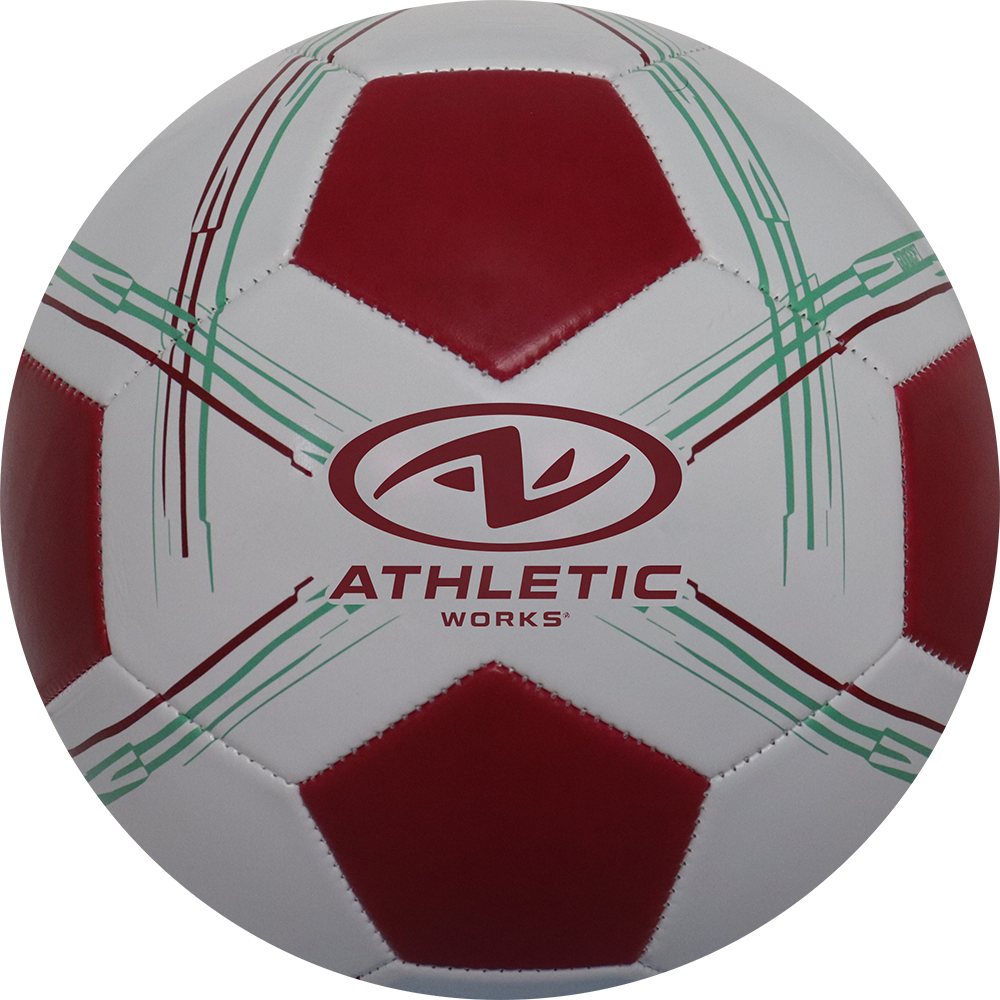 Balón de fútbol marca Athletic Works, 28 Paneles, blanco, con detalles vino, tamaño 5.