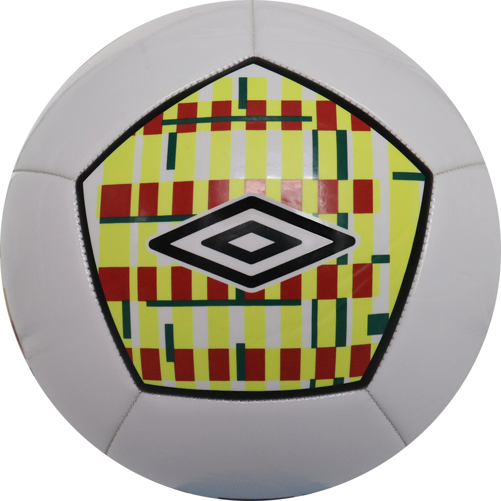 Balón de fútbol marca Umbro, 12 Paneles, amarillo neón, con detalles de colores, tamaño 4.
